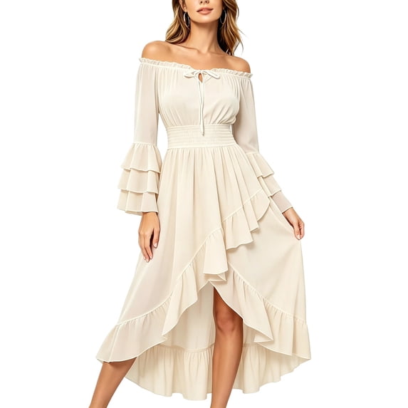 FAVIPT Gothic Medieval Dress for Women High Low Ruffle Sleeve Smocked Maxi Dresses Off Shoulder Renaissance Halloween Costume Beige,S