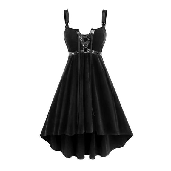 FAVIPT Gothic Velvet Dresses for Women Halloween Sleeveless Lace Up Costume High Low Grommets Midi Dresses Solid Vintage Corset Dress Black,XL