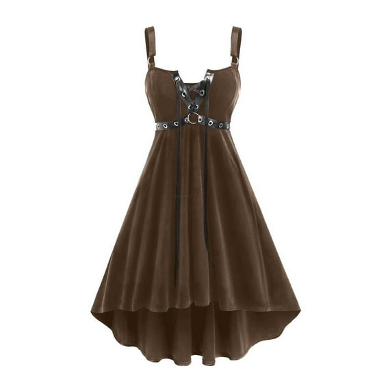 FAVIPT Gothic Velvet Dresses for Women Halloween Sleeveless Lace Up Costume High Low Grommets Midi Dresses Solid Vintage Corset Dress Khaki,XL