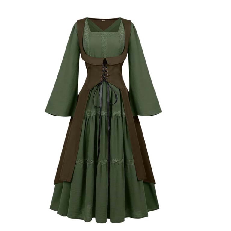 FAVIPT Halloween Corset Dress for Women Squareneck Lace Up Dress Medieval  Renaissance Gown Prom Costumes Long Sleeve Two Piece Dress Set Green,L -  Walmart.com