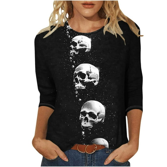 FAVIPT Halloween Graphic Print Shirts for Women Happpy Halloween Day Gifts Blouses Round Neck 3/4 Sleeve Tees Casual Trendy Fall Tops Multicolor,M