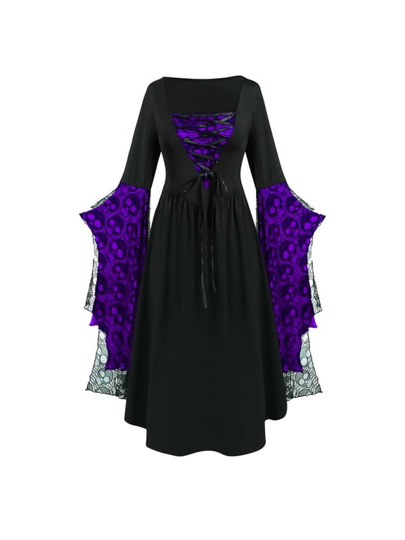 Halloween Maxi Dresses for Women Vintage Batwing Long Sleeve Boat Neck Dresses Bandage Lace Up Corset Costumes Medieval Cosplay Party Dress Bronze,XL