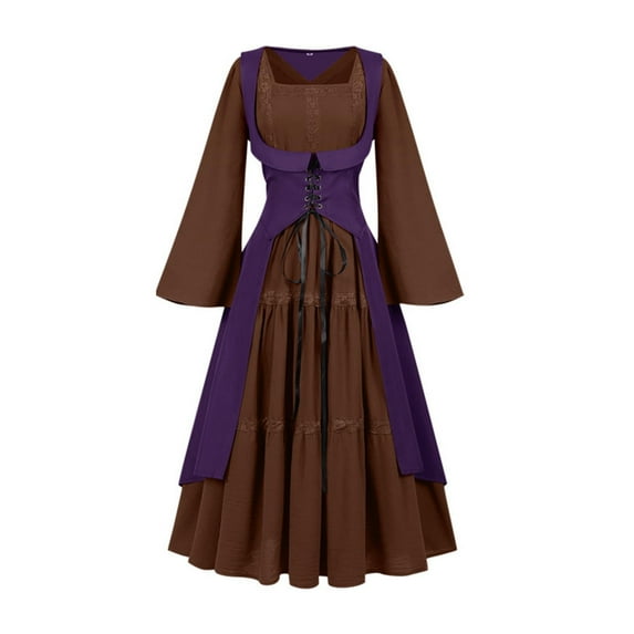 FAVIPT Halloween Maxi Dresses for Women Two Piece Vintage Corset Dress Set Medieval Renaissance Gown Costumes Lace Up Squareneck Dress Purple,L