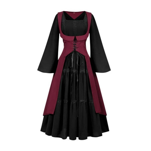 FAVIPT Halloween Maxi Dresses for Women Two Piece Vintage Corset Dress Set Medieval Renaissance Gown Costumes Lace Up Squareneck Dress Red,XL