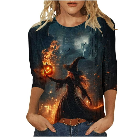 FAVIPT Halloween Shirts for Women Witches Print Basic Novelty Tops 3/4 Length Sleeve Round Neck Soft Tees Casual Trendy Fall 2025 Blouses Multicolor,L