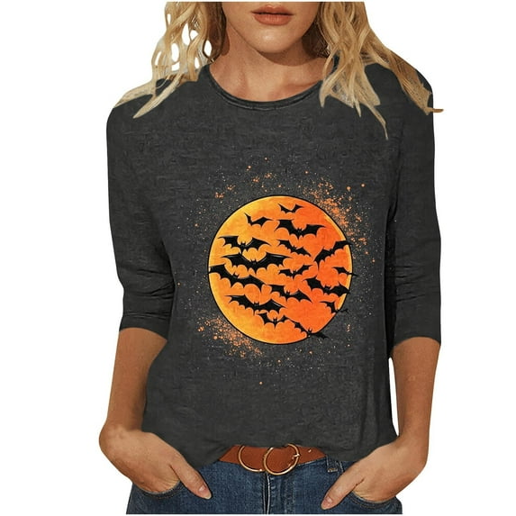 FAVIPT Halloween Shirts for Women 3/4 Length Sleeve Round Neck Blouses Funny Basic Printed Loose Tees Casual Trendy Fall 2025 Shirts Black,M