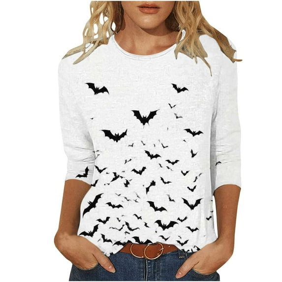 FAVIPT Halloween Shirts for Women 3/4 Length Sleeve Round Neck Blouses Funny Basic Printed Loose Tees Casual Trendy Fall 2025 Shirts Multicolor,M