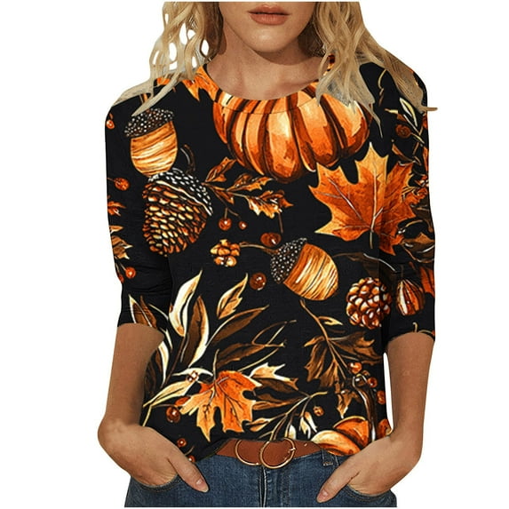 FAVIPT Halloween Shirts for Women Three Quarter Sleeve Round Neck Blouse Funny Graphic Print Casual Shirts Basic Novelty Party Fall Tees Orange,XL