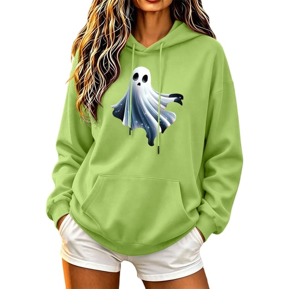 FAVIPT Halloween Sweatshirts for Women Ghost Drawstring Pocket Long Sleeve Oversized Hoodies Cute Spooky Season Casual Pullover Green,M