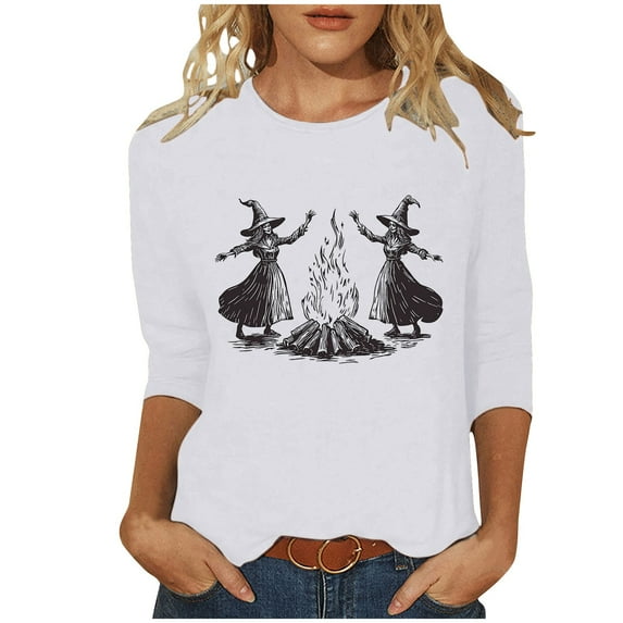 FAVIPT Halloween Witch Shirts for Women Casual Trendy Fall 2025 Blouses 3/4 Sleeve Round Neck Soft Tees Basic Retro Novelty withes Print Tops White,L