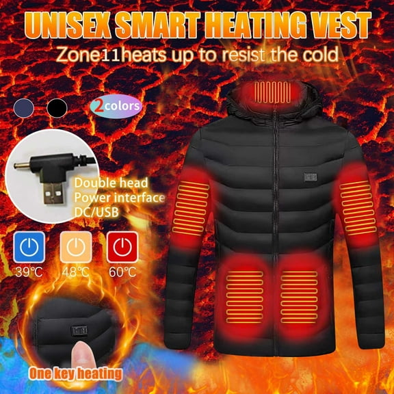 FAVIPT Heated Jacket for Men Plus Size,Womens Smart USB Electric Rechargeable Hooded Heating Coat Winter Warm Clothing Puffer Down Jackets with 11 Heating Zones
