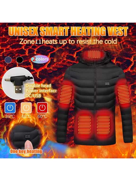 Heated Jacket for Men Plus Size,Womens Smart USB Electric Rechargeable Hooded Heating Coat Winter Warm Clothing Puffer Down Jackets with 11 Heating Zones