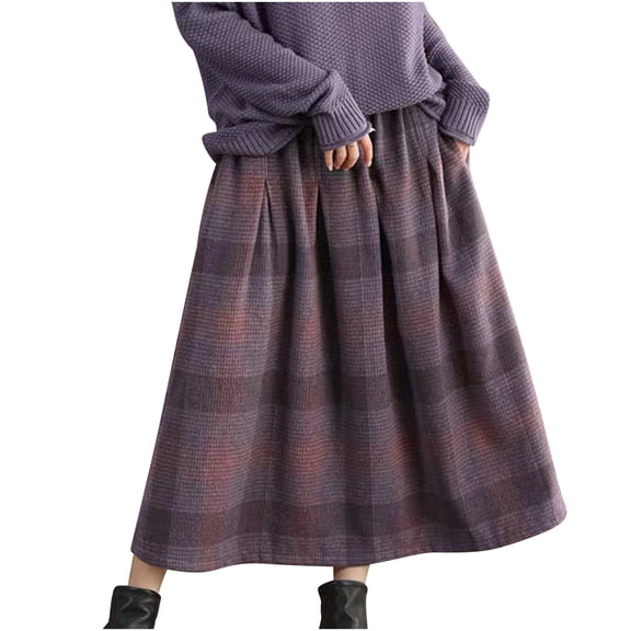 FAVIPT High Elastic Waist Skirt for Women Vintage Plaid Wool A-Line Outfits Pleated Pockets Fall Winter Midi Skirts Purple,L