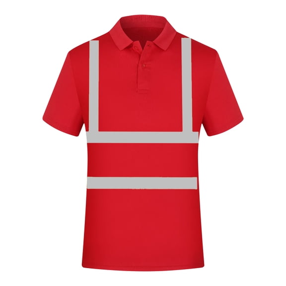 FAVIPT High Visibility Shirt for Men Short Sleeve Reflective Safety T Shirts Construction Tops Quick Dry Lapel Buttons Summer Work Shirts 2025 Red,XL
