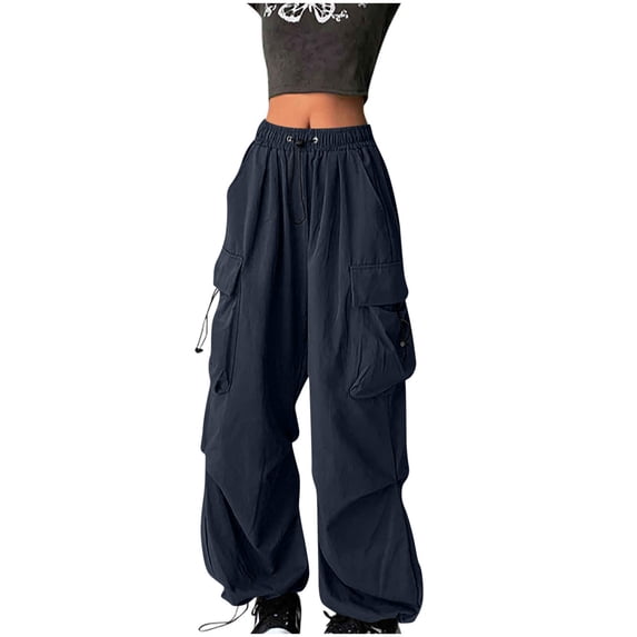 FAVIPT High Waist Streetwear for Women Y2K Parachute Casual Cargo Trousers Loose Drawstring Hiking Pants with Pockets Navy,S