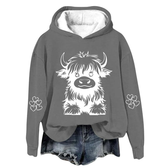 FAVIPT Highland Cow Hoodie for Women Warm Fleece Cowgirl Sweatshirt Funny Cute Graphic Hooded Shirt Long Sleeve Pullover Tops 2025 Dark Gray,XXXXL