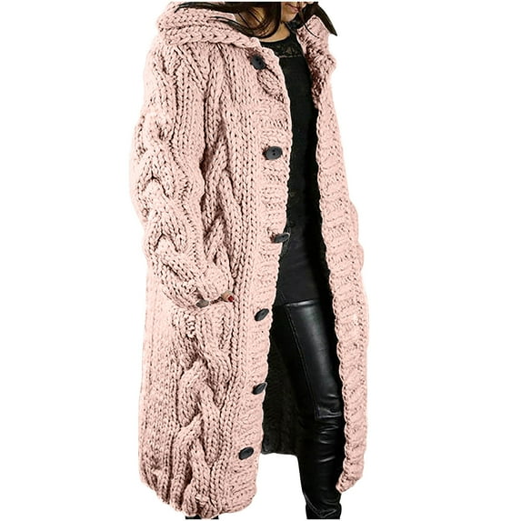 FAVIPT Hooded Cardigan for Women Oversized Plush Knit Long Cardigans Long Sleeve Fall Winter Sweater Coats with Pockets 2025 Pink,XXXXL