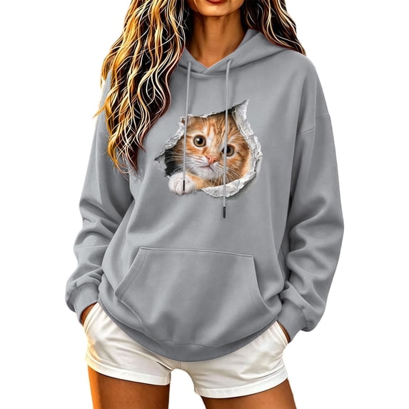 FAVIPT Hooded Halloween Sweatshirts for Women Cute Cat Print Oversized Hoodies Drawstring Long Sleeve Pocket Casual Pullover Gray,L