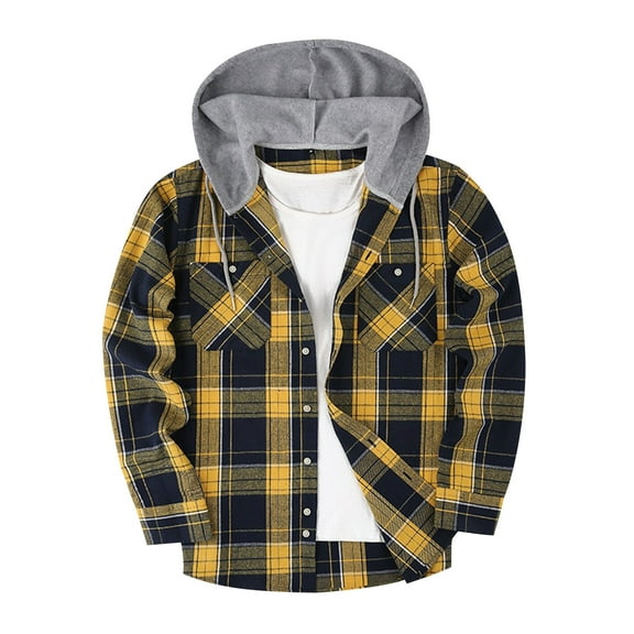 FAVIPT Hooded Plaid Jacket Men Casual Fashion Fall 2025 Shirts Long Sleeve Button Up Tops Drawstring Pocket Lightweight Flannel Outerwear Yellow,M