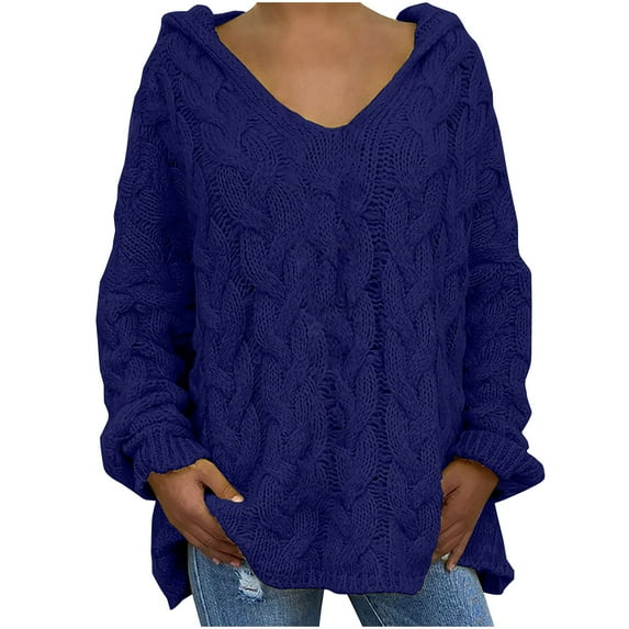FAVIPT Hooded Sweater for Women Chunky Cable Knit Oversized Hoodies Long Sleeve V Neck Pullover Top Casual Loose Warm Jumper 2025 Blue,XXL