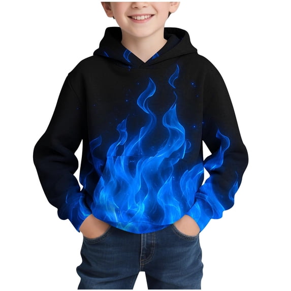 FAVIPT Hooded Sweatshirt Kids Fall Winter Boys Flame Print Long Sleeve Hoodies Shirts Casual Pull Over Hoodie Tops with Pockets Blue,9 Years