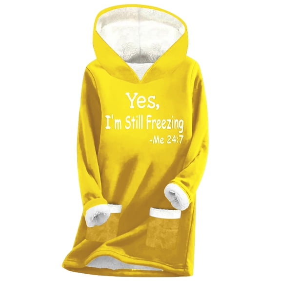 FAVIPT Hoodie Sweatshirt for Women Sherpa Thicken Fall Winter Soft Tops Long Sleeve V Neck Plain Sweatshirts Drawstring Casual Loose Tops with Square Pocket Yellow,XL