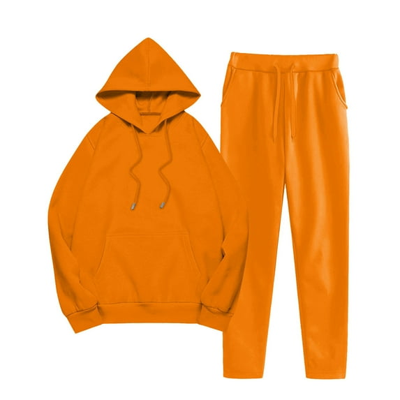FAVIPT Hoodie Sweatsuit Set for Women Two Piece Set Fall Fashion Outfits Jogger Lounge Baggy Tracksuit Set Hooded and Long Pant with Pockets Orange,L