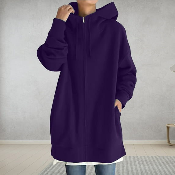 FAVIPT Hoodies Jacket for Women,Womens Long Zip Up Hoodie Jacket Solid Color Oversized Sweatshirts Fleece Casual Pockets 2023 Fall Drawstring Long Hooded Coats