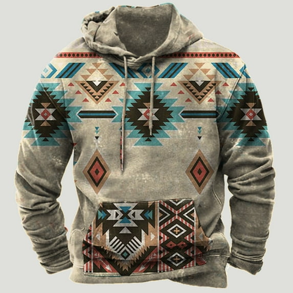 FAVIPT Hoodies for Men Western Aztec Ethnic Lightweight Hooded Sweatshirts Casual Long Sleeve Ethnic Print Graphic Pullover 2024