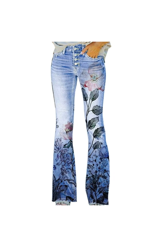 Jeans Denim for Women,Women's Jeans Wide Leg,Womens Flare Bell Bottom Jeans High Waisted Stretch Embroidered Floral Printed Pants Casual Streetwear Boyfriend Denim Pants 2024,Pink M