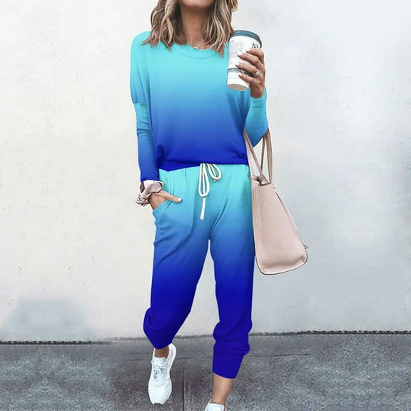 FAVIPT Jogger Sets for Women 2 Piece Gradient Lounge Set Fall Tops and Pants Suit Two Piece Outfits Matching Travel Sweatsuits Blue XXL