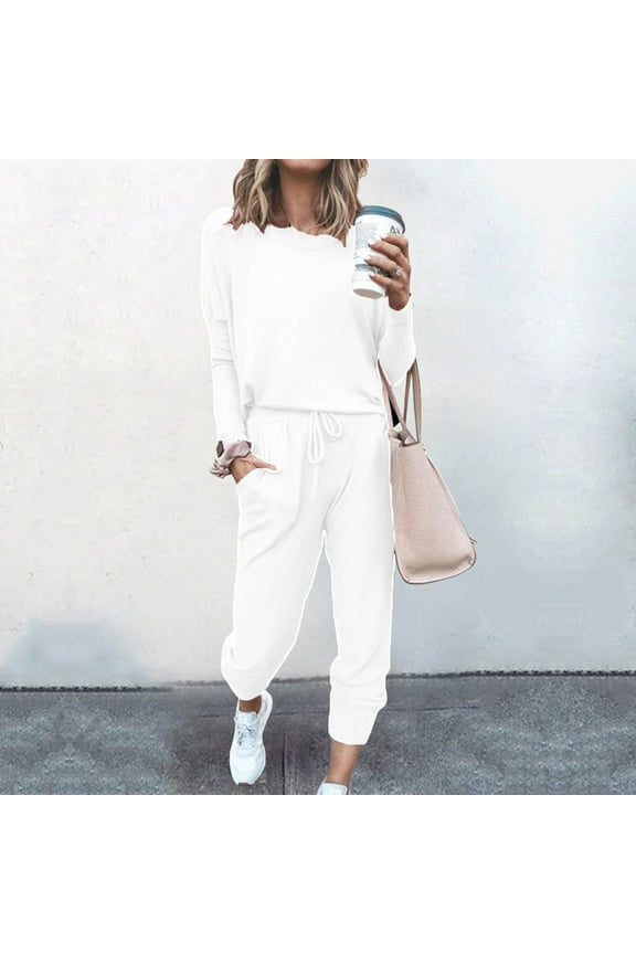 Jogger Sets for Women 2 Piece Solid Lounge Set Fall Tops and Pants Suit Two Piece Outfits Matching Travel Sweatsuits White L