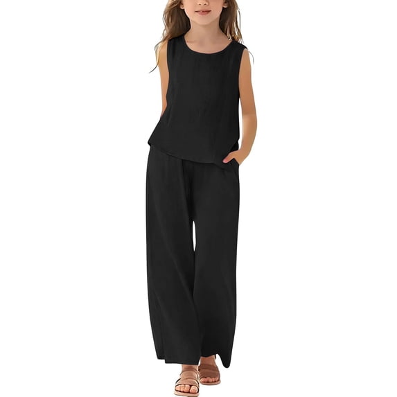 FAVIPT Kids 2 Piece Outfits Girls Summer Sleeveless Crewneck Linen Tank Tops Straight Wide Leg Pants Casual Solid Loose Sets Black,7 Years
