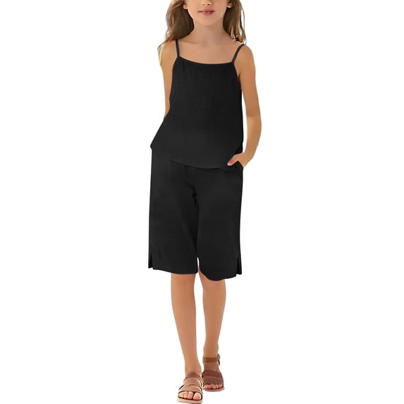 FAVIPT Kids 2 Piece Outfits Summer Sleeveless Spaghetti Strap Tank Top Straight Leg Short Pants Casual Solid Cute Beach Sets Black,9 Years