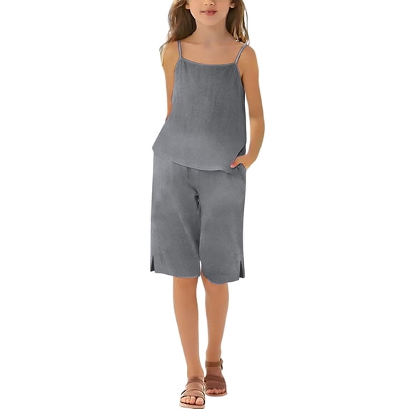 FAVIPT Kids 2 Piece Outfits Summer Sleeveless Spaghetti Strap Tank Top Straight Leg Short Pants Casual Solid Cute Beach Sets Gray,7 Years