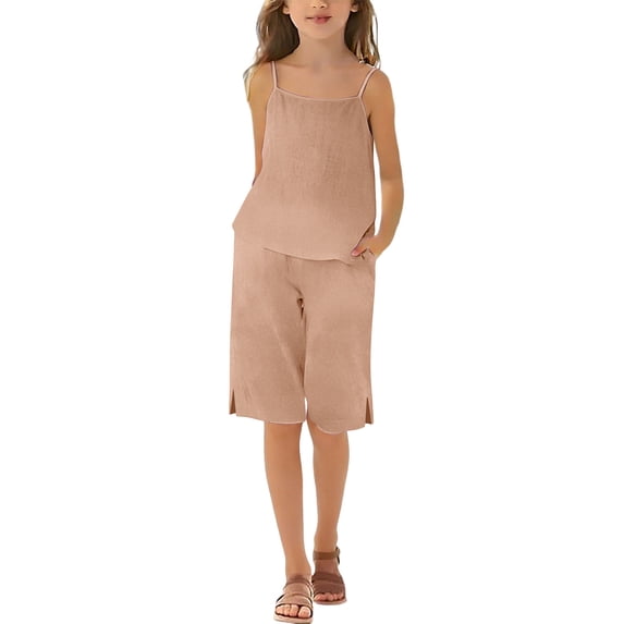 FAVIPT Kids 2 Piece Outfits Summer Sleeveless Spaghetti Strap Tank Top Straight Leg Short Pants Casual Solid Cute Beach Sets Khaki,5 Years