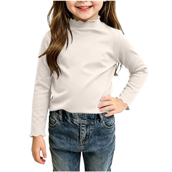 FAVIPT Kids Turtleneck Shirt Fall Girls Ruffled Trim Solid Color Pullover Undershirt Casual Cute Basic Tops White,7-8Years