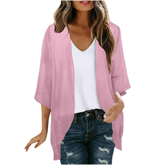 FAVIPT Kimono Cardigans for Women,Womens Solid Color Summer Cover Up Tops Trendy Dressy Blouses Casual Lightweight Puff Sleeve Chiffon Shirts 2024 Pink,XL