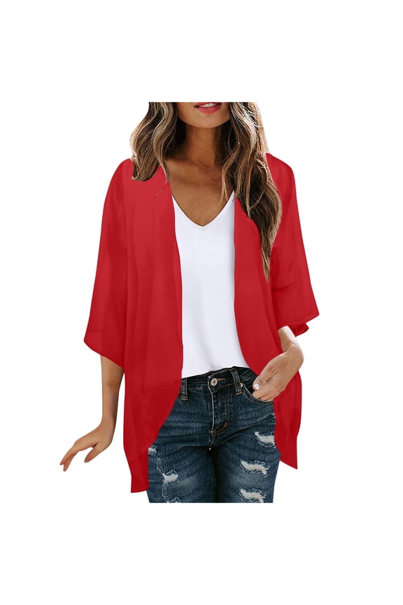 Kimono Cardigans for Women,Womens Solid Color Summer Cover Up Tops Trendy Dressy Blouses Casual Lightweight Puff Sleeve Chiffon Shirts 2024 Red,XXL