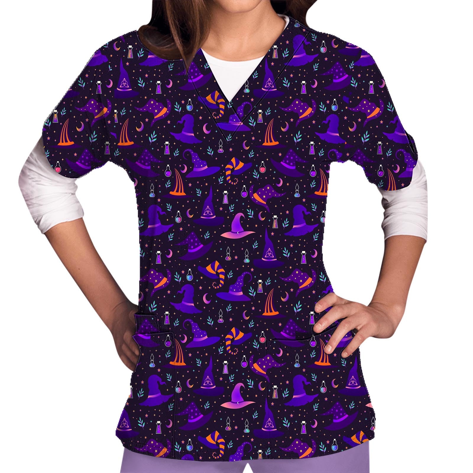 FAVIPT Ladies Scrubs Tops Clearance,Halloween Scrub Tops Women Stretchy
