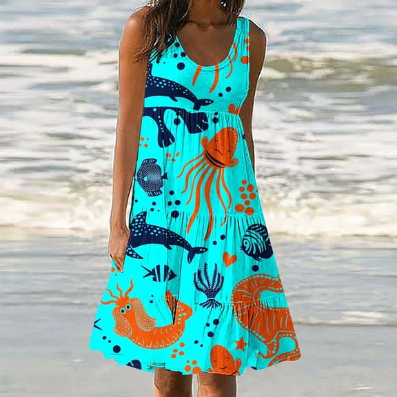 FAVIPT Ladies Sundress Knee Length Summer Dresses for Women 2024 Sleeveless Boho Beach Sundress Floral Flowy Swing Mini Dress Casual Summer Loose Fit Dresses Green