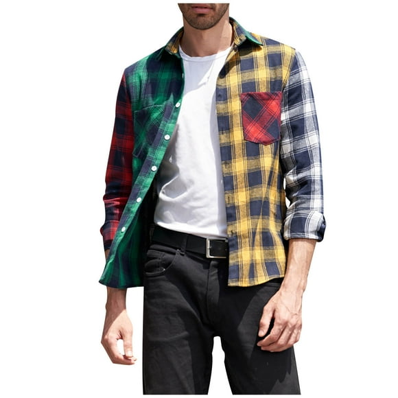 Lightweight Plaid Jacket for Men 2025 Casual Fashion Patchwork Blouses Long Sleeve Button Up Tshirt Classic Lapel Tops Green,XL