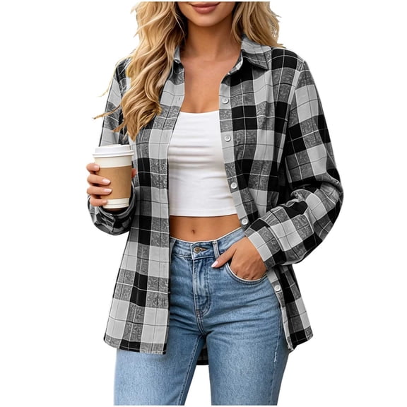 FAVIPT Lightweight Plaid Jacket for Women Long Sleeve Button Down Lapel Shackets Work Casual Fall Fashion Clothes Gray,L