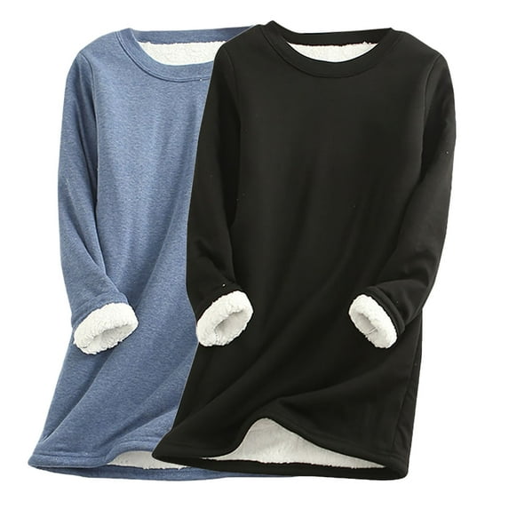 FAVIPT Lined Sweatshirt Women Winter Soft Sherpa Fleece Pullover Crewneck Solid Color Warm Sweatshirts Loungewear Tops Pack of 2 Black,XXXXL