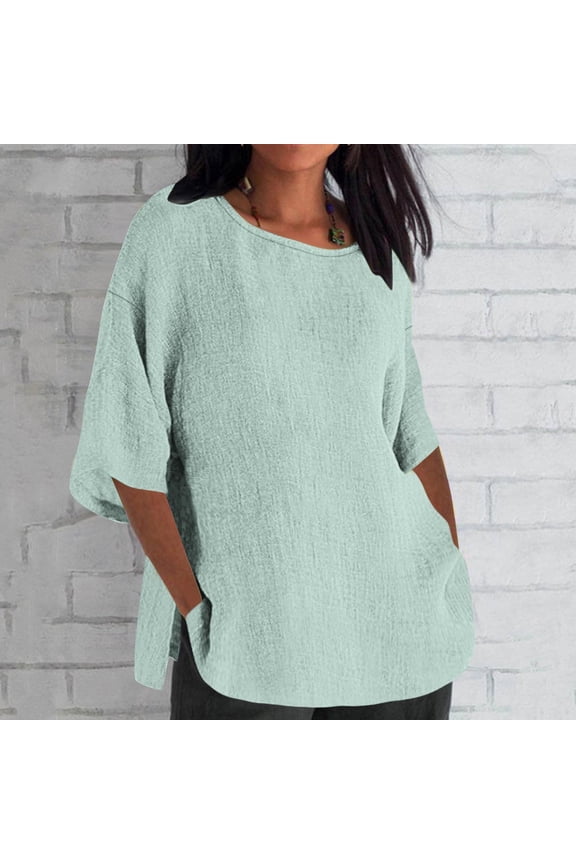 Linen 3/4 Sleeve Tops for Women,Women's Casual Cotton Linen Shirts,Womens 3/4 Sleeve Crew Neck Loose Fit T Shirts Side Split Blouse Tunic Tops 2024