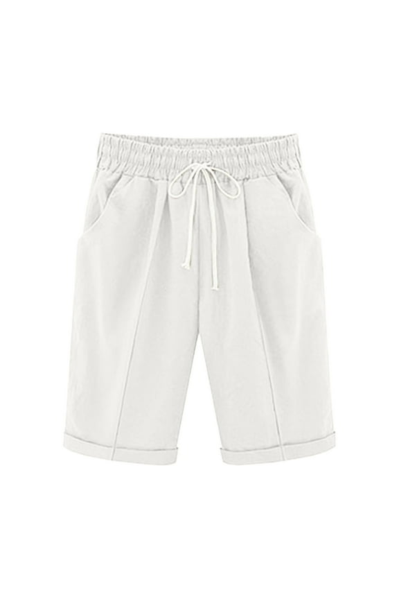 Linen Bermuda Shorts for Women Knee Length Loose Fit Shorts Drawstring Elastic Waist Plain Shorts Casual Summer Shorts with Pockets 2025 White,XXL