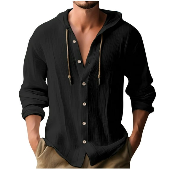 FAVIPT Linen Casual Shirts for Men Hoodies Trendy Summer 2025 Tops Long Sleeve Button Down Blouses Plain Drawstring Crewneck Comfy Shirts Black,L