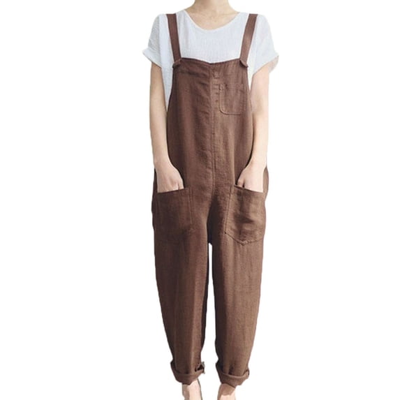 FAVIPT Linen Jumpsuits for Women Fall Sleeveless Straight Leg Baggy Rompers Cotton Maternity Soft Bib Pant Overalls with Pockets 2025 Brown,XXL
