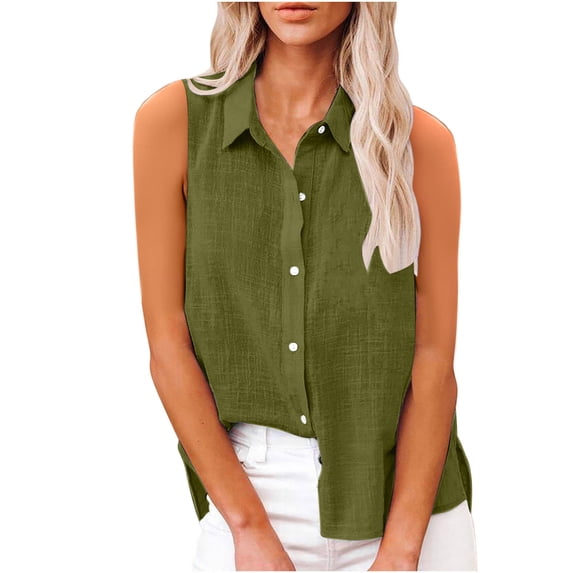 FAVIPT Linen Shirt Women Sleeveless Collared Tops Oversized Button Up Blouses Work Shirts Casual Summer Tank Top 2025 Army Green,XXXXXL