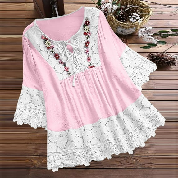 FAVIPT Linen Shirts For Women Vintage Boho Floral Blouse Lace Crochet V Neck 3/4 Sleeve Blusas Elegant Tunics Tops Plus Size